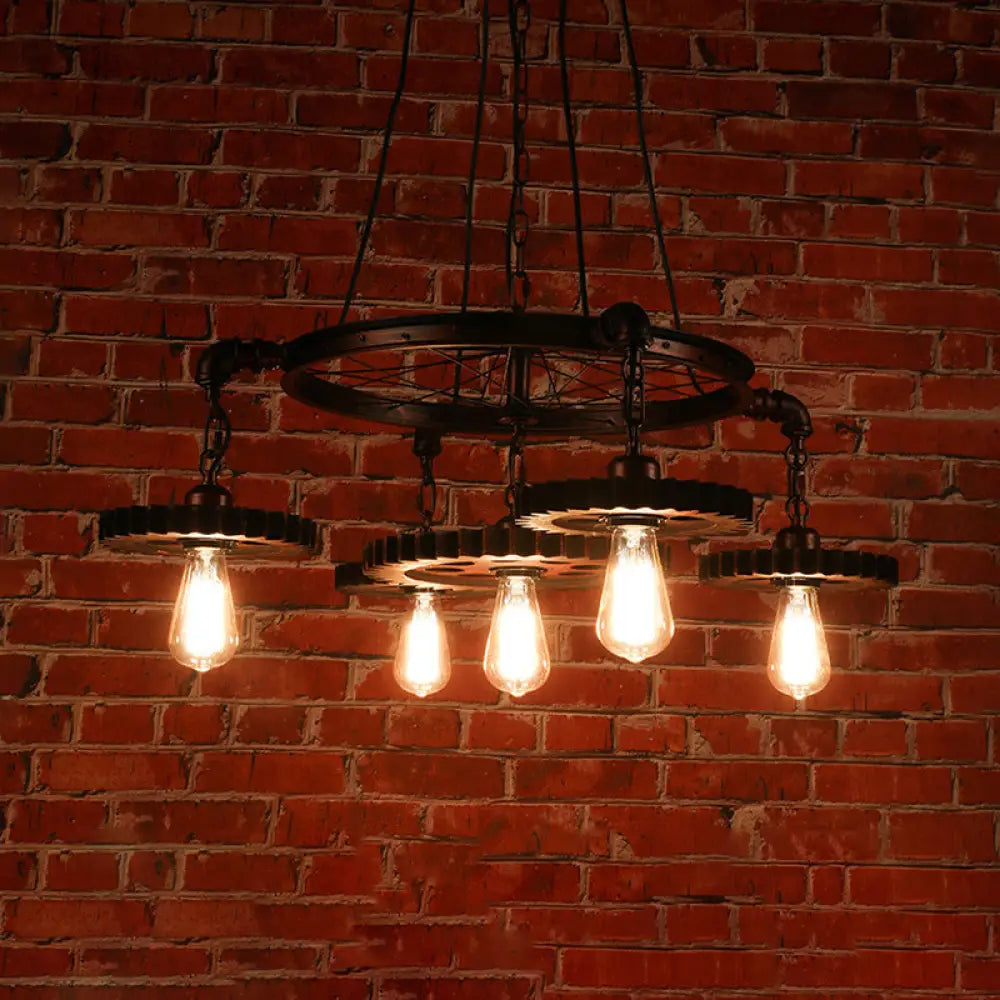 Farmhouse Style Rustic Chandelier Light With Exposed Bulbs - Gear Deco 3/5/7 Heads Ideal For Bars 5