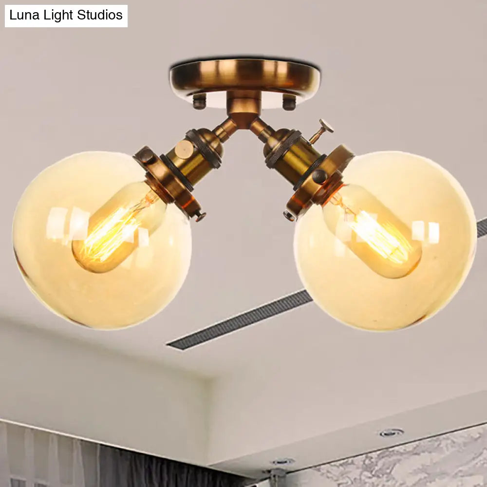 Farmhouse Style Semi Flush Ceiling Lamp - Metal And Glass With Dual Heads In Black/Bronze Brass /