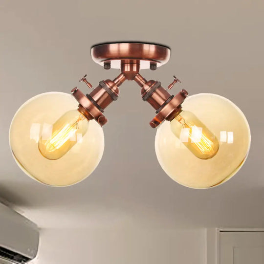 Farmhouse Style Semi Flush Ceiling Lamp - Metal And Glass With Dual Heads In Black/Bronze Copper /