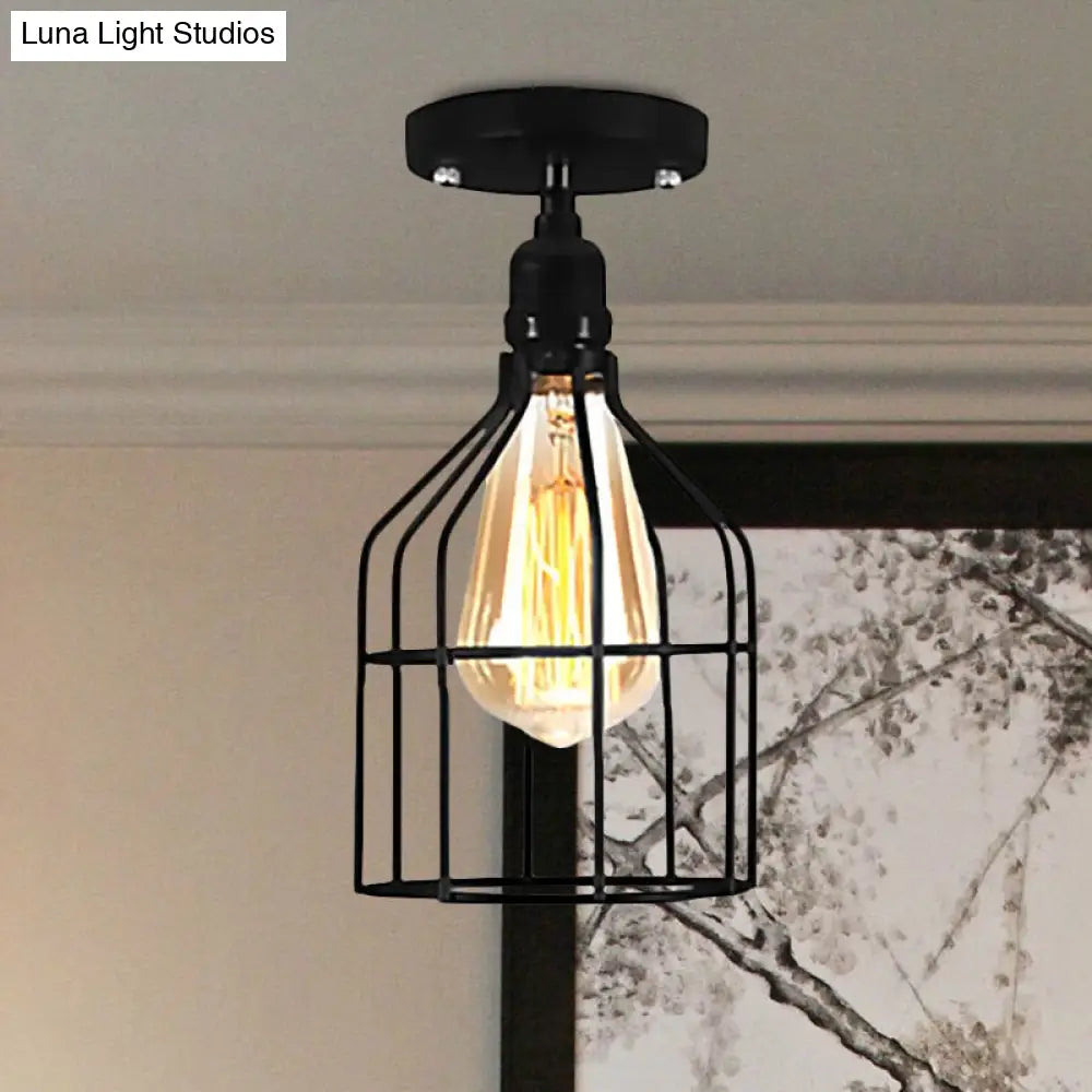 Farmhouse Style Semi Flush Mount Ceiling Light - Global/Barrel Iron With Wire Guard 1 Black Finish