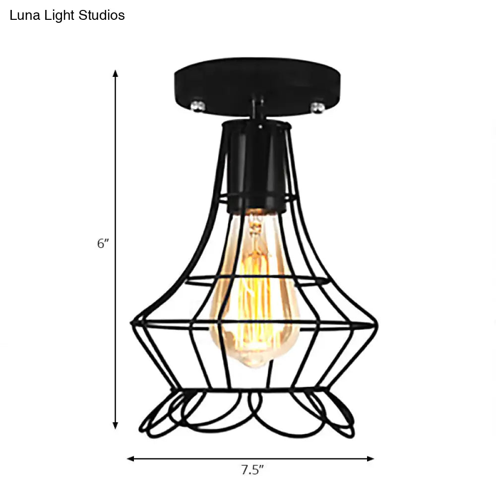 Farmhouse Style Semi Flush Mount Ceiling Light - Global/Barrel Iron With Wire Guard 1 Black Finish