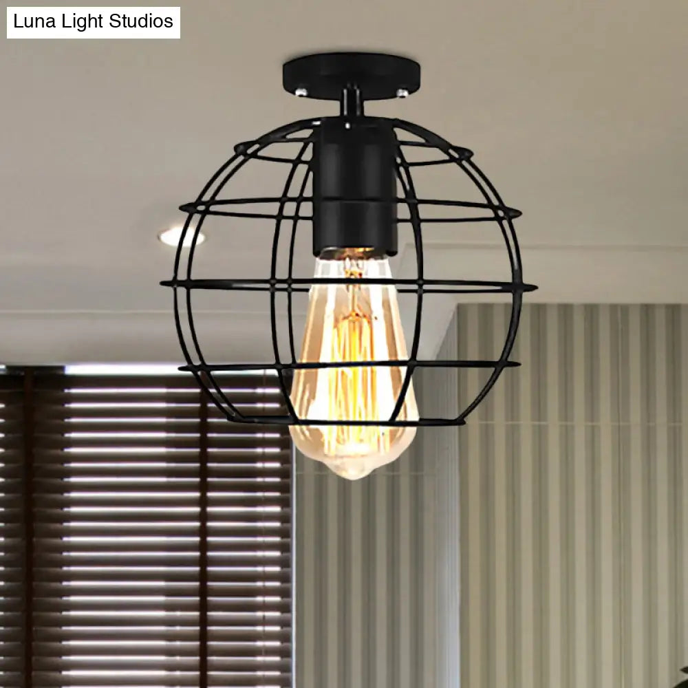 Farmhouse Style Semi Flush Mount Ceiling Light - Global/Barrel Iron With Wire Guard 1 Black Finish