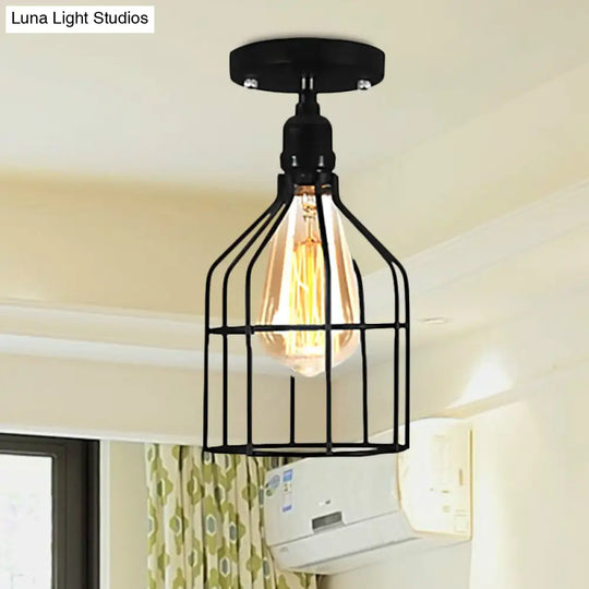 Farmhouse Style Semi Flush Mount Ceiling Light - Global/Barrel Iron With Wire Guard 1 Black Finish