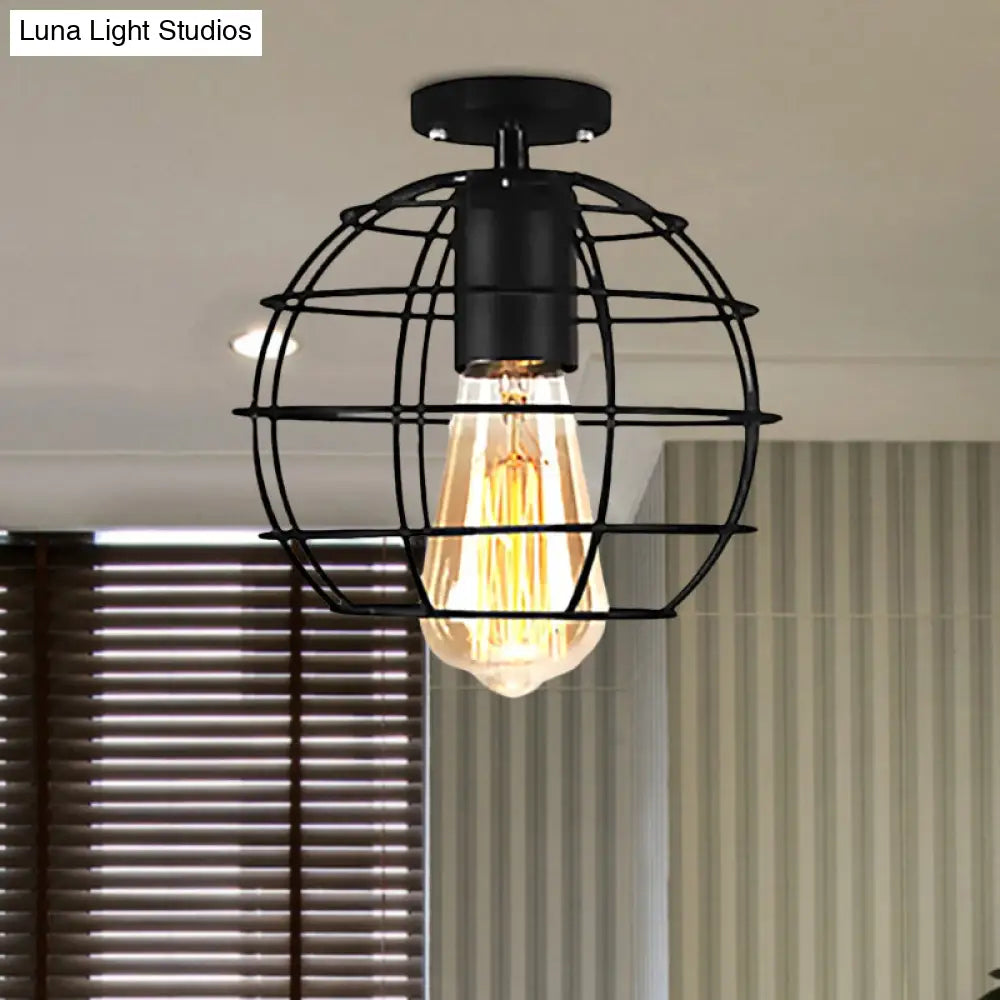 Farmhouse Style Semi Flush Mount Ceiling Light - Global/Barrel Iron With Wire Guard 1 Black Finish