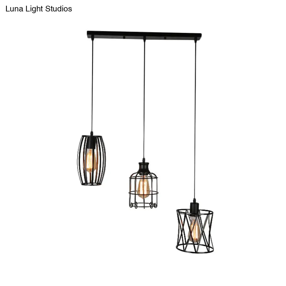Farmhouse Style Metal 3-Bulb Black Restaurant Hanging Lamp With Wire Guard Suspended Design