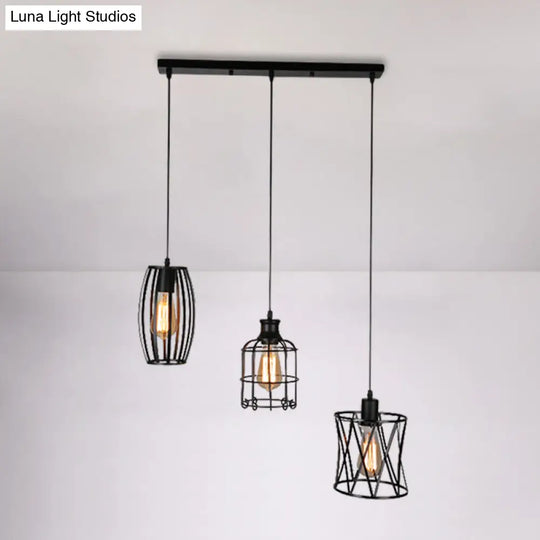 Farmhouse Style Suspended Metal Lamp With 3 Black Bulbs And Wire Guard For Restaurants