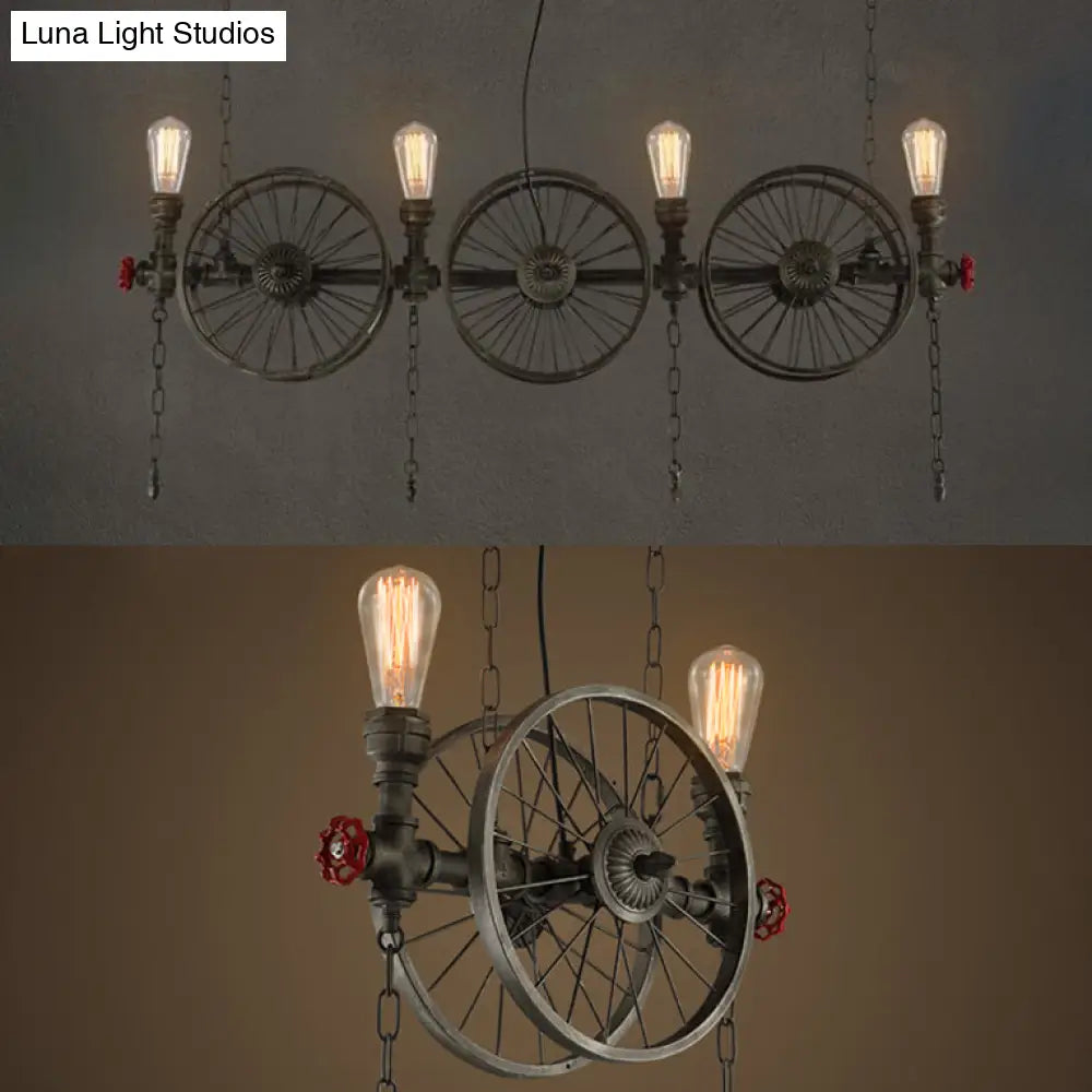 Farmhouse Style Wheel Design Island Light In Bronze With Open Bulb Lights - 2/4 Metallic Fixture