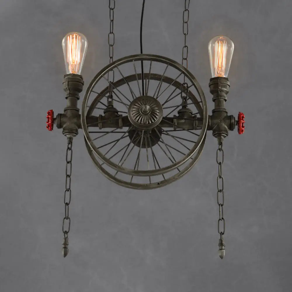 Farmhouse Style Wheel Design Island Light In Bronze With Open Bulb Lights - 2/4 Metallic Fixture 2 /