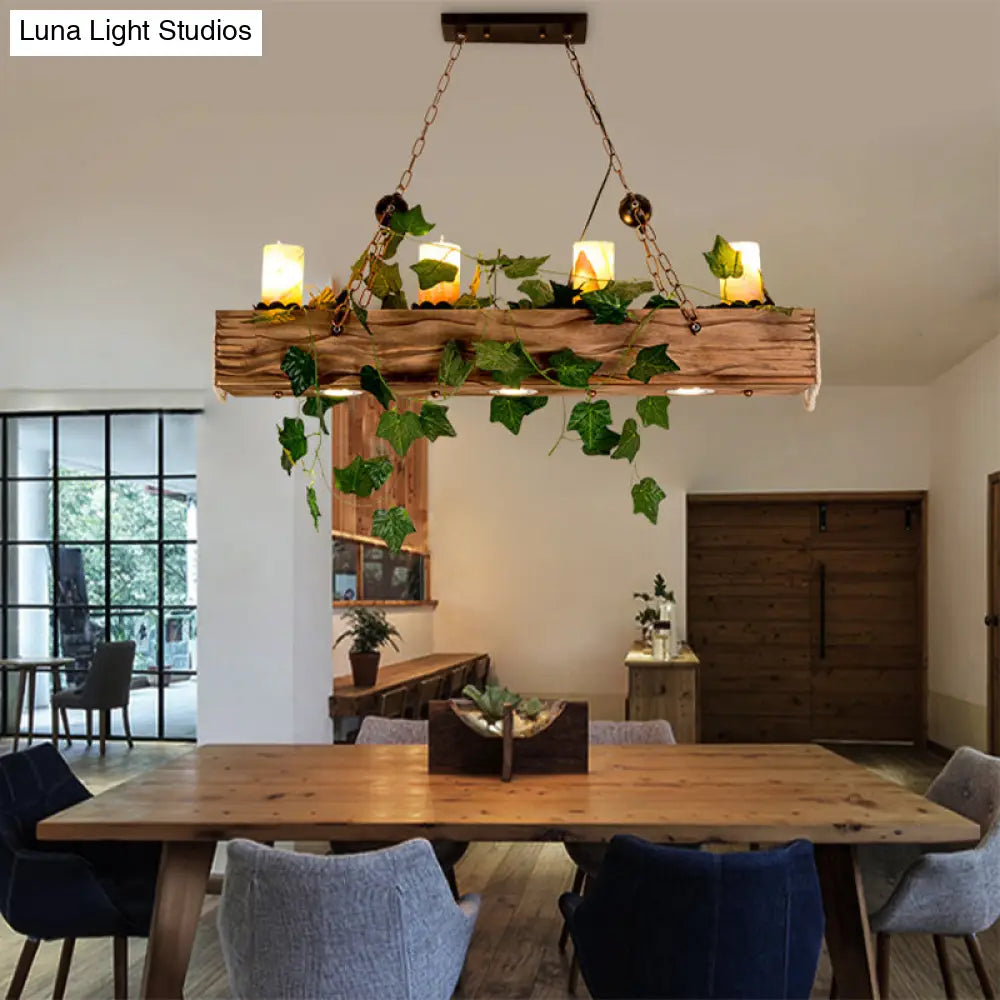 Farmhouse Style Wooden Linear Island Chandelier With 4 Brown Heads And Cylinder Shade