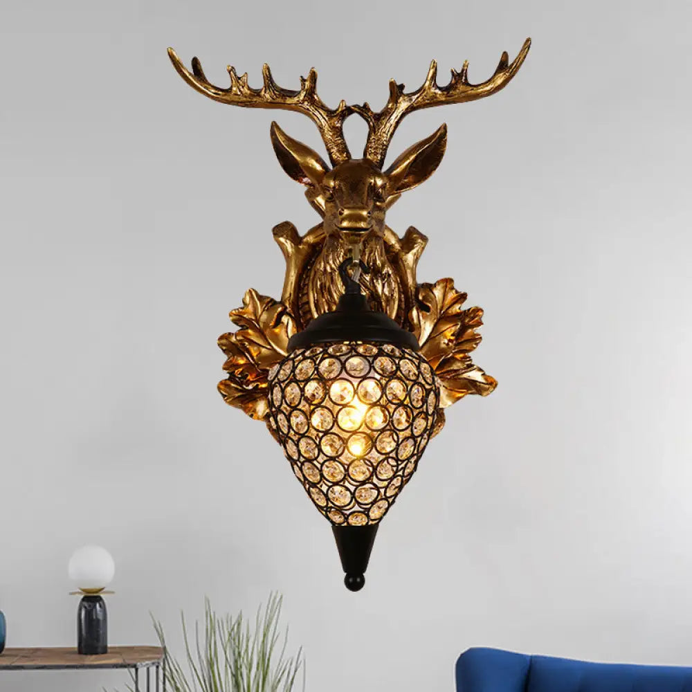 Farmhouse Teardrop Crystal Wall Mount Sconce With Elk Head Backplate - Brown/Gold 12/19.5 Gold / 12