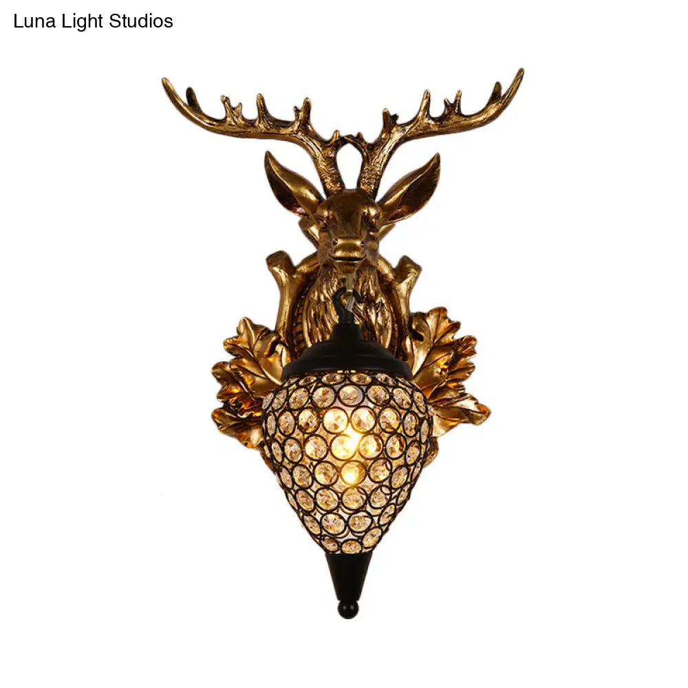 Farmhouse Teardrop Crystal Wall Mount Sconce With Elk Head Backplate - Brown/Gold 12/19.5