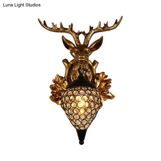 Farmhouse Teardrop Crystal Wall Mount Sconce With Elk Head Backplate - Brown/Gold 12/19.5