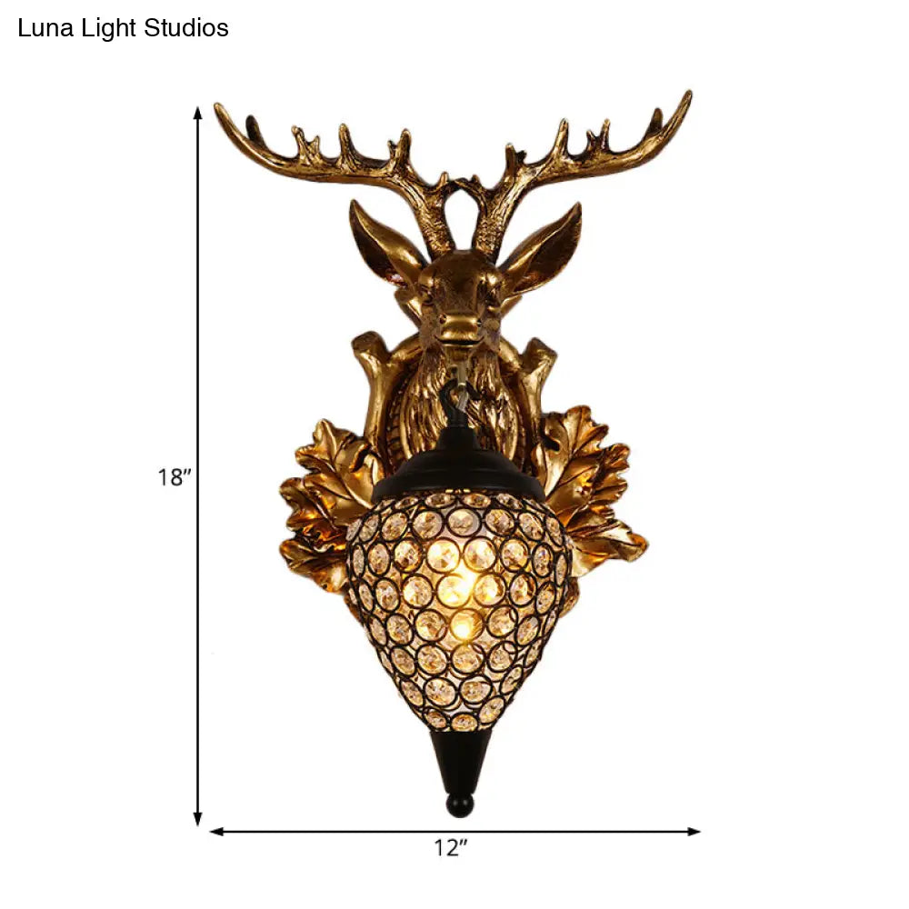 Farmhouse Teardrop Crystal Wall Mount Sconce With Elk Head Backplate - Brown/Gold 12/19.5