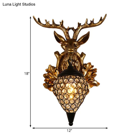 Farmhouse Teardrop Crystal Wall Mount Sconce With Elk Head Backplate - Brown/Gold 12/19.5