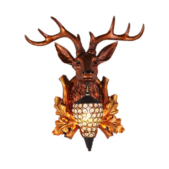 Farmhouse Teardrop Crystal Wall Mount Sconce With Elk Head Backplate - Brown/Gold 12/19.5 Brown / 12