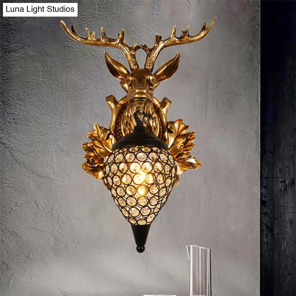 Farmhouse Teardrop Crystal Wall Mount Sconce With Elk Head Backplate - Brown/Gold 12/19.5