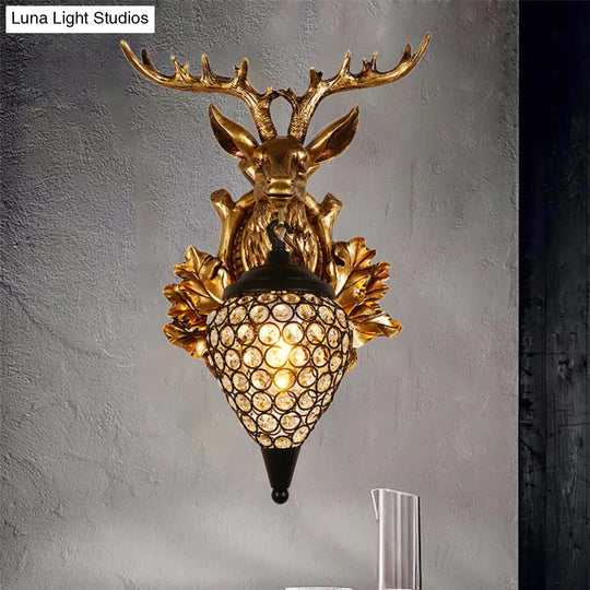 Farmhouse Teardrop Crystal Wall Mount Sconce With Elk Head Backplate - Brown/Gold 12/19.5