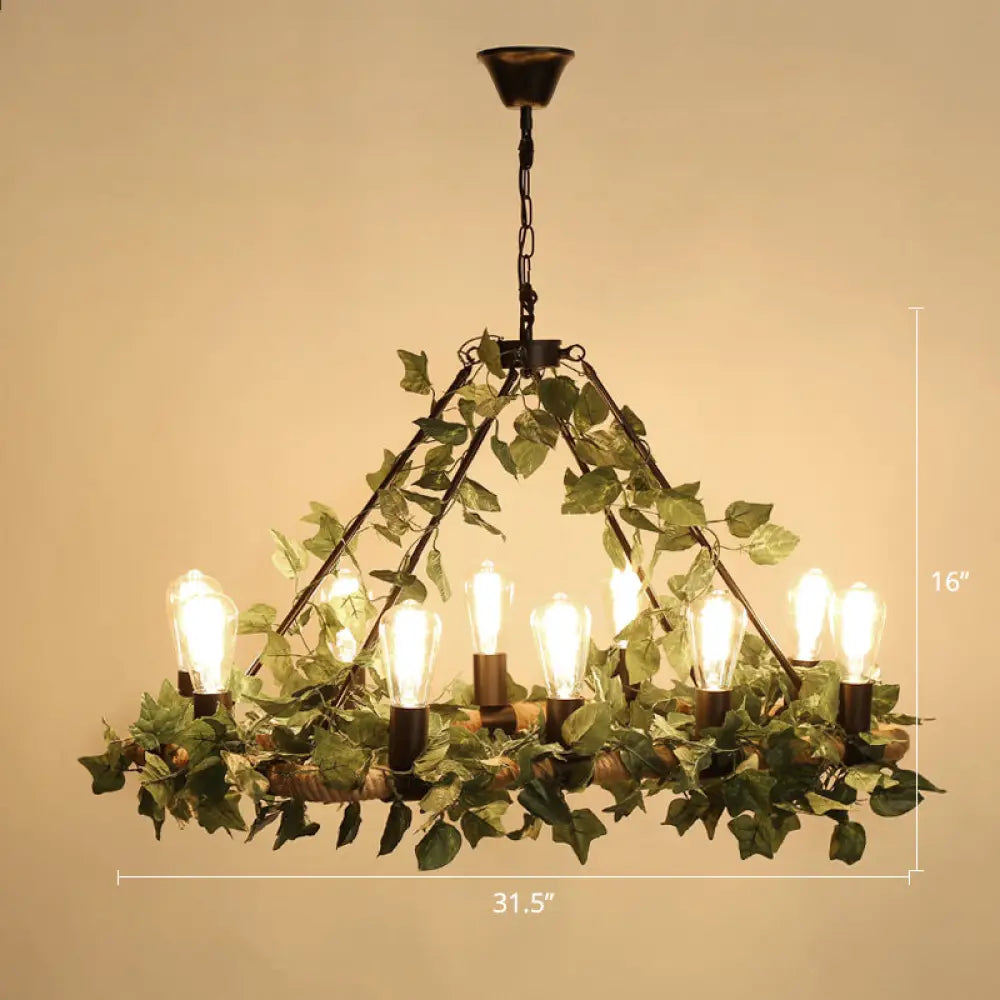 Farmhouse Wagon Wheel Chandelier With Plant Decor For Dining Room 10 / Green
