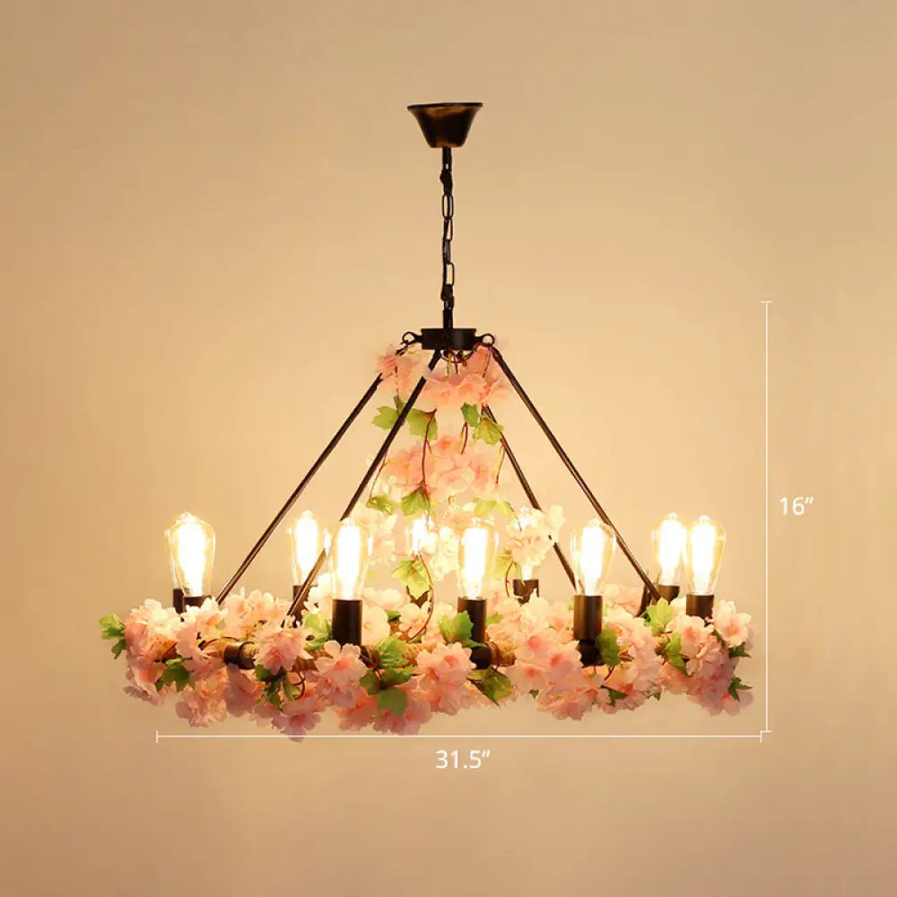 Farmhouse Wagon Wheel Chandelier With Plant Decor For Dining Room 10 / Pink