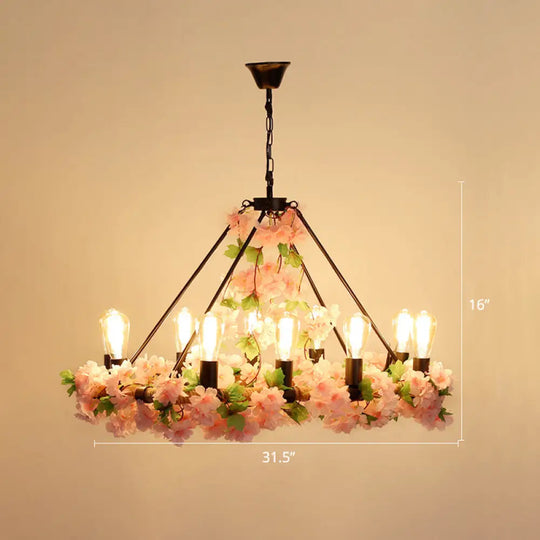 Farmhouse Wagon Wheel Chandelier With Plant Decor For Dining Room 10 / Pink