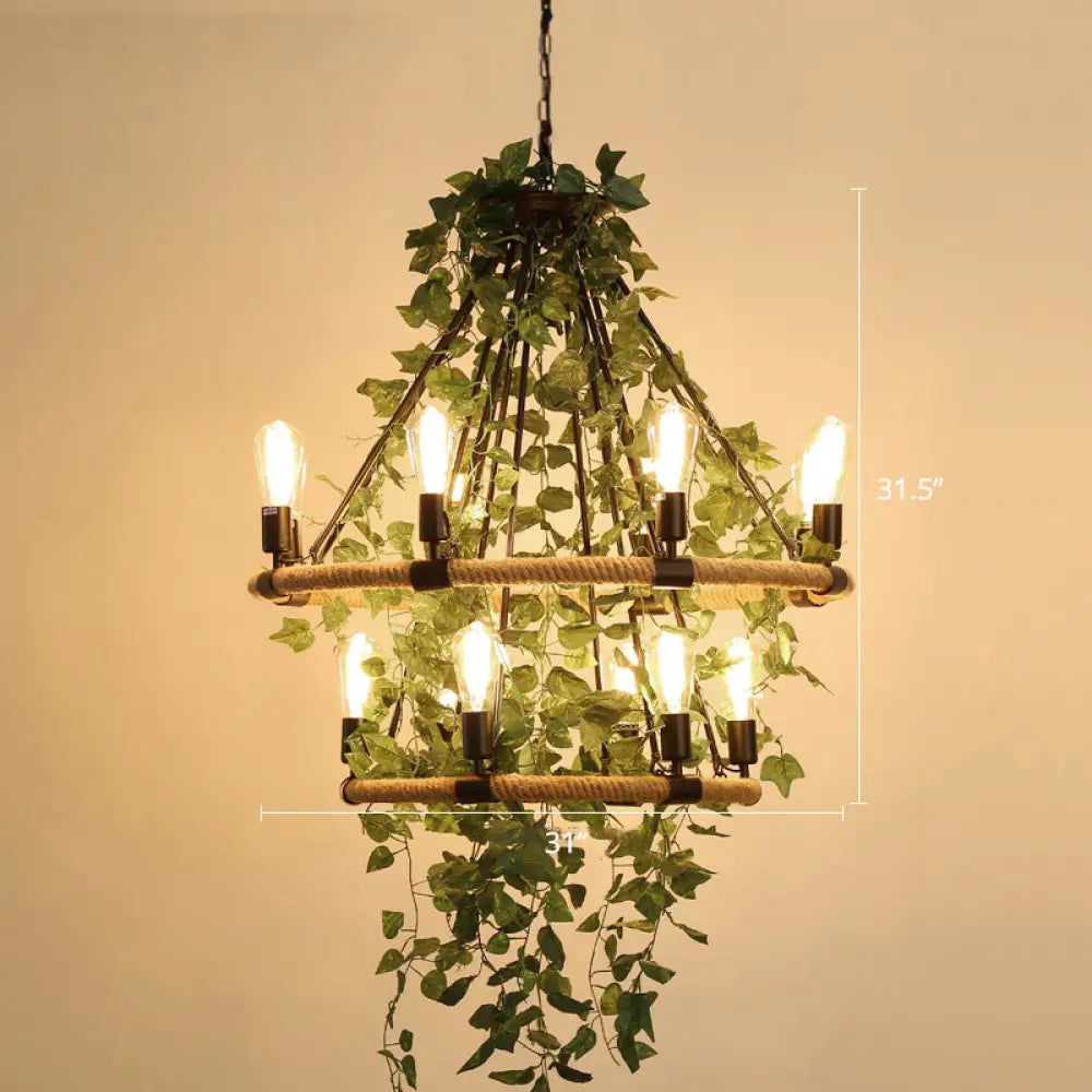 Farmhouse Wagon Wheel Chandelier With Plant Decor For Dining Room 14 / Green