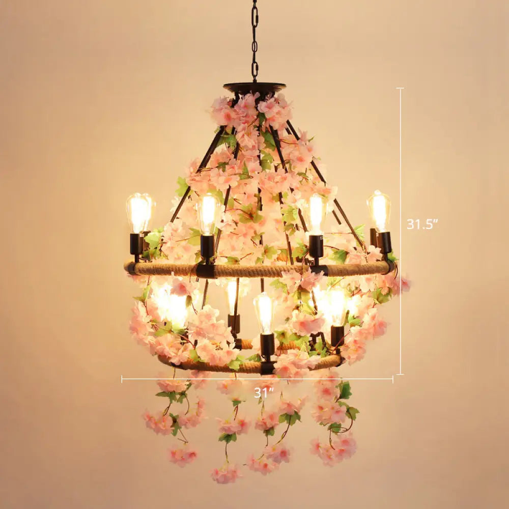 Farmhouse Wagon Wheel Chandelier With Plant Decor For Dining Room 14 / Pink