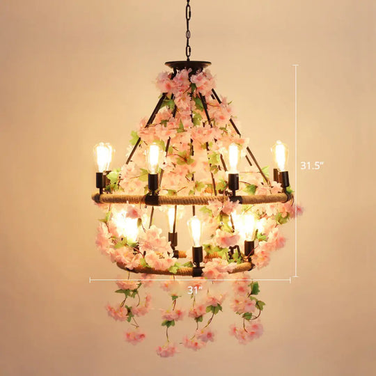 Farmhouse Wagon Wheel Chandelier With Plant Decor For Dining Room 14 / Pink