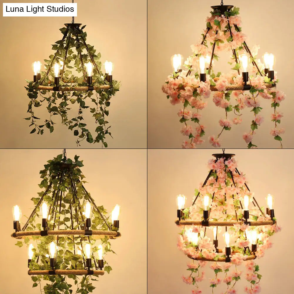 Wagon Wheel Farmhouse Metal Chandelier With Plant Accents - Dining Room Hanging Light