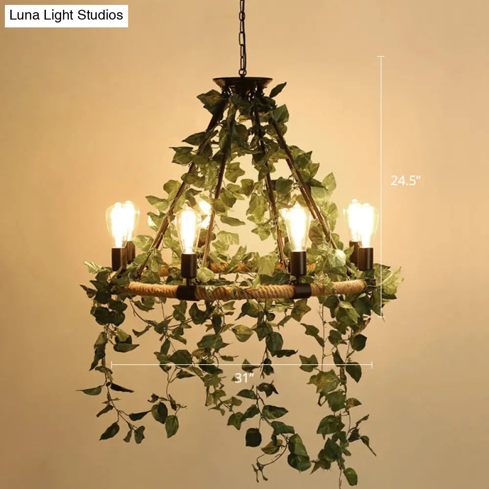 Wagon Wheel Farmhouse Metal Chandelier With Plant Accents - Dining Room Hanging Light 8 / Green