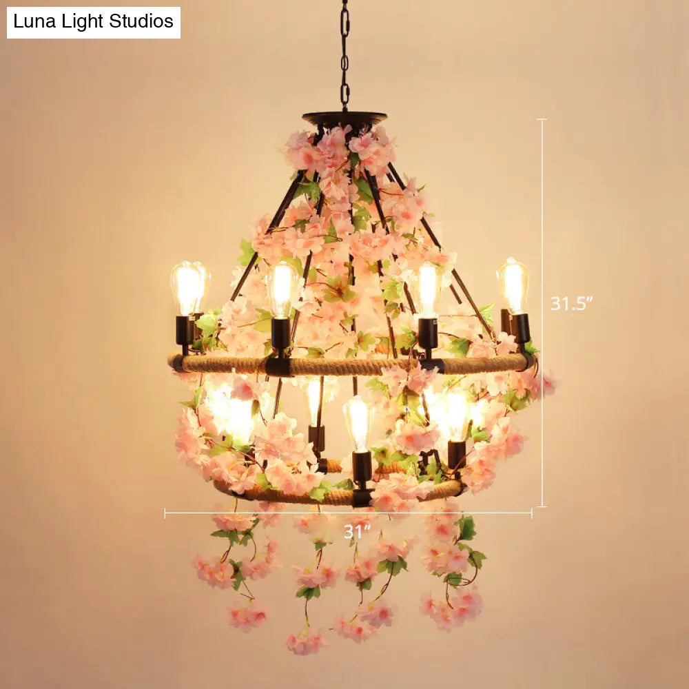 Wagon Wheel Farmhouse Metal Chandelier With Plant Accents - Dining Room Hanging Light 14 / Pink