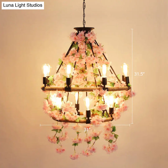 Wagon Wheel Farmhouse Metal Chandelier With Plant Accents - Dining Room Hanging Light 14 / Pink