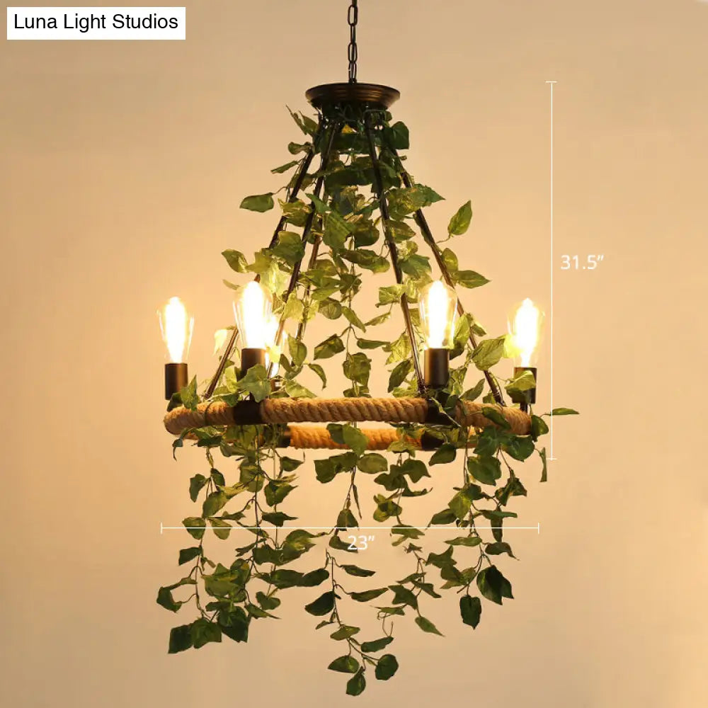 Wagon Wheel Farmhouse Metal Chandelier With Plant Accents - Dining Room Hanging Light 6 / Green