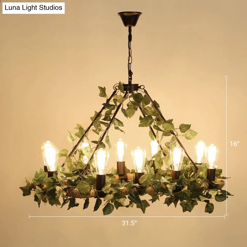 Wagon Wheel Farmhouse Metal Chandelier With Plant Accents - Dining Room Hanging Light 10 / Green