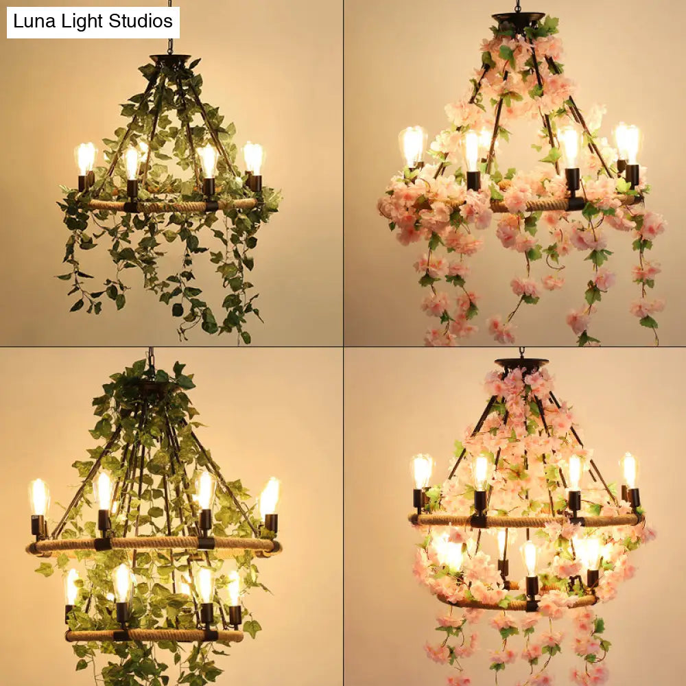 Farmhouse Wagon Wheel Chandelier With Plant Decor For Dining Room