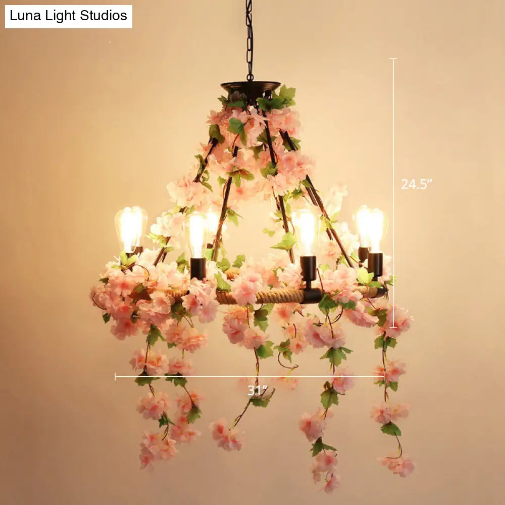 Wagon Wheel Farmhouse Metal Chandelier With Plant Accents - Dining Room Hanging Light 8 / Pink