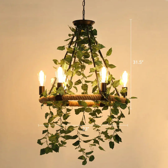 Farmhouse Wagon Wheel Chandelier With Plant Decor For Dining Room 6 / Green