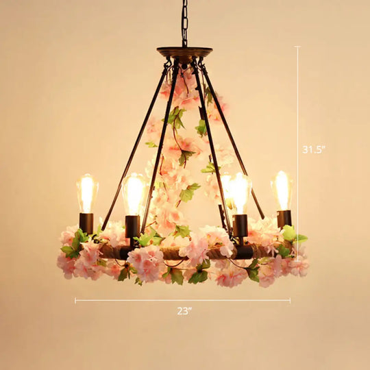 Farmhouse Wagon Wheel Chandelier With Plant Decor For Dining Room 6 / Pink
