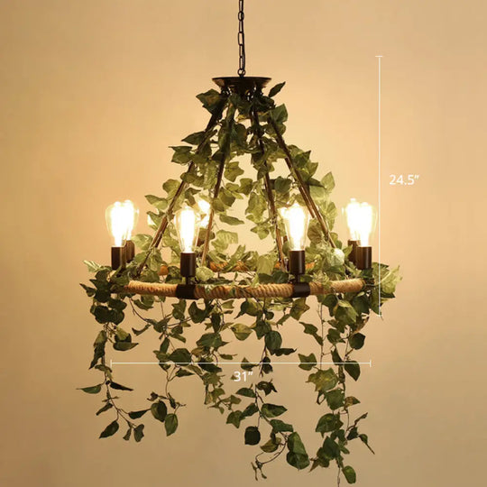 Farmhouse Wagon Wheel Chandelier With Plant Decor For Dining Room 8 / Green