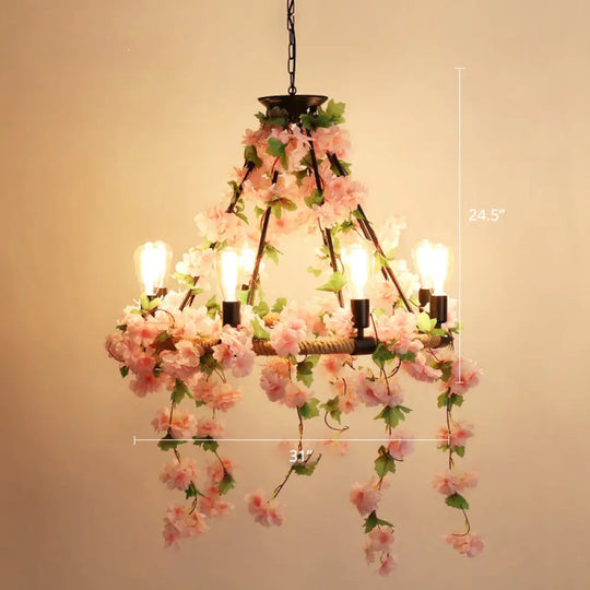 Farmhouse Wagon Wheel Chandelier With Plant Decor For Dining Room 8 / Pink