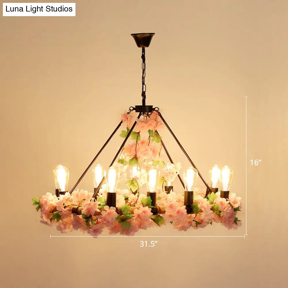 Wagon Wheel Farmhouse Metal Chandelier With Plant Accents - Dining Room Hanging Light 10 / Pink