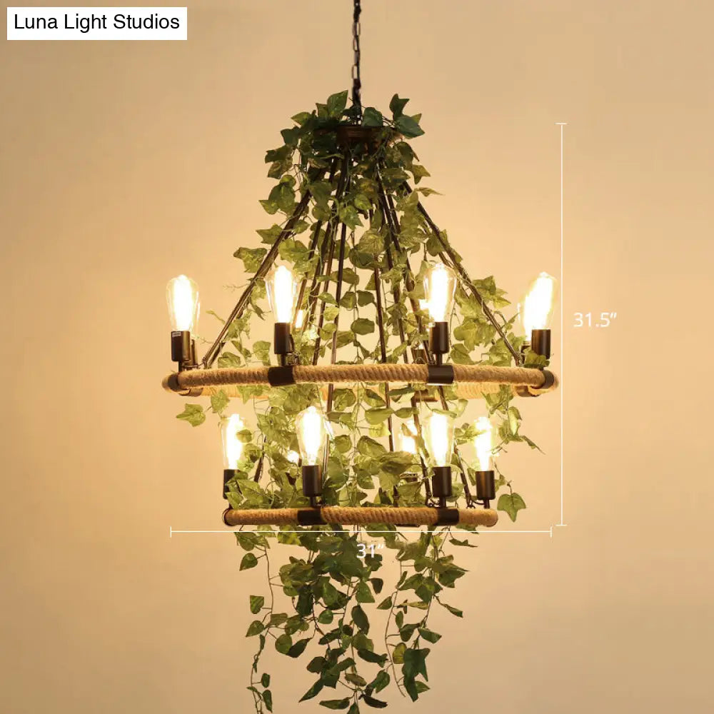 Wagon Wheel Farmhouse Metal Chandelier With Plant Accents - Dining Room Hanging Light 14 / Green