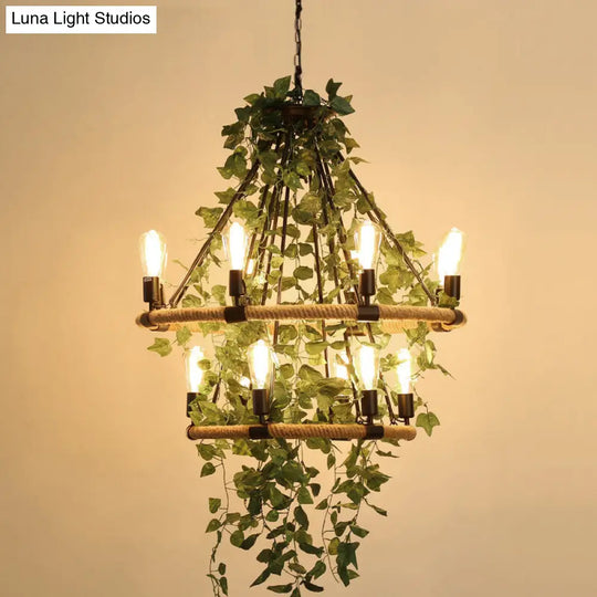 Wagon Wheel Farmhouse Metal Chandelier With Plant Accents - Dining Room Hanging Light