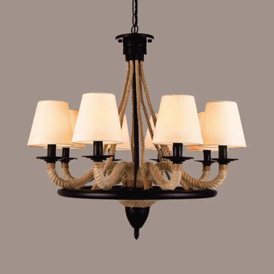 Farmhouse Wagon Wheel Pendant Light Fixture With Fabric Cone Shade - 6/8 Bulbs Beige Rope