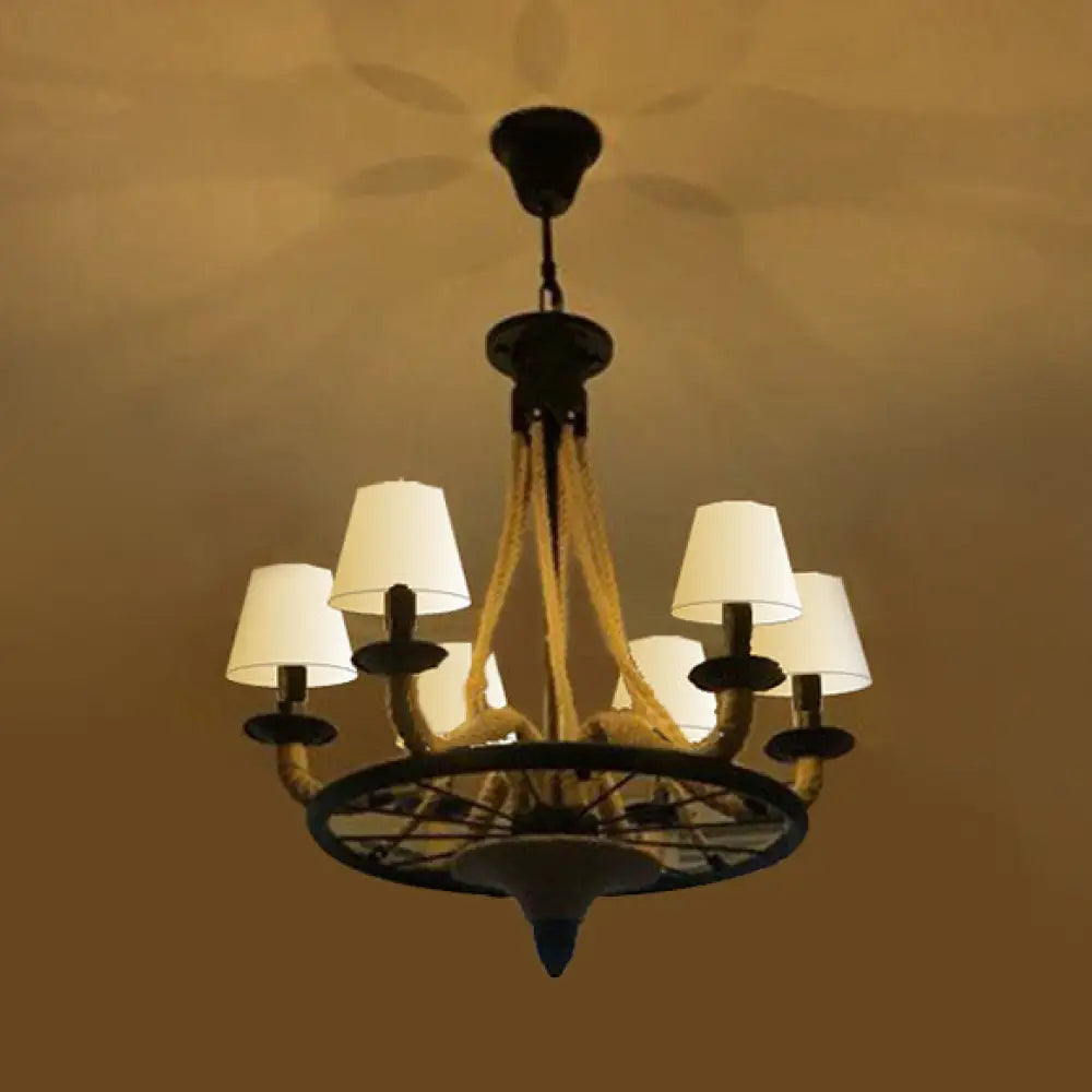 Farmhouse Wagon Wheel Pendant Light Fixture With Fabric Cone Shade - 6/8 Bulbs Beige Rope