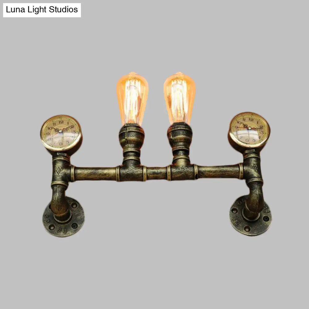 Farmhouse Wall Mount Sconce Light With Iron Brass Finish Pipe Design And 2 Lights