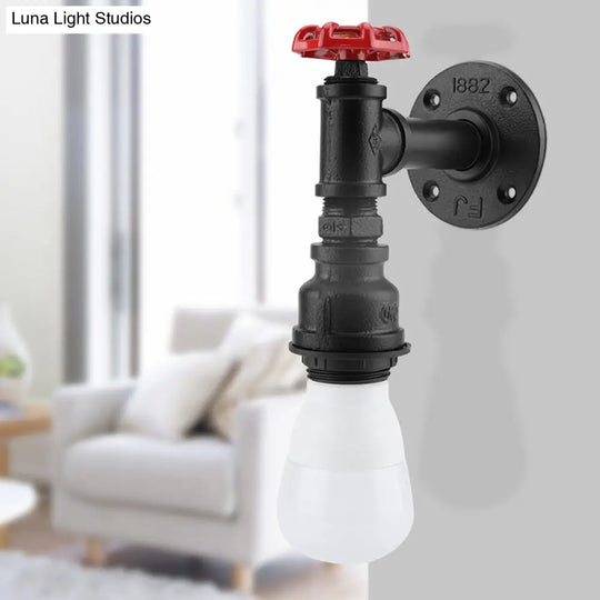 Farmhouse Wall Sconce: Black Iron Piping With Red Valve Deco For Corner - 1 Bulb Mount Lighting