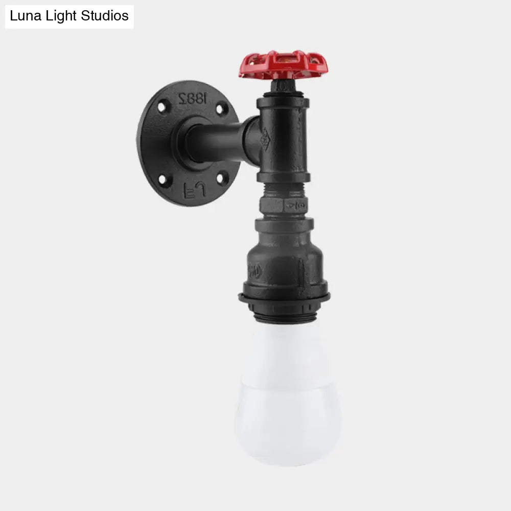 Farmhouse Wall Sconce: Black Iron Piping With Red Valve Deco For Corner - 1 Bulb Mount Lighting