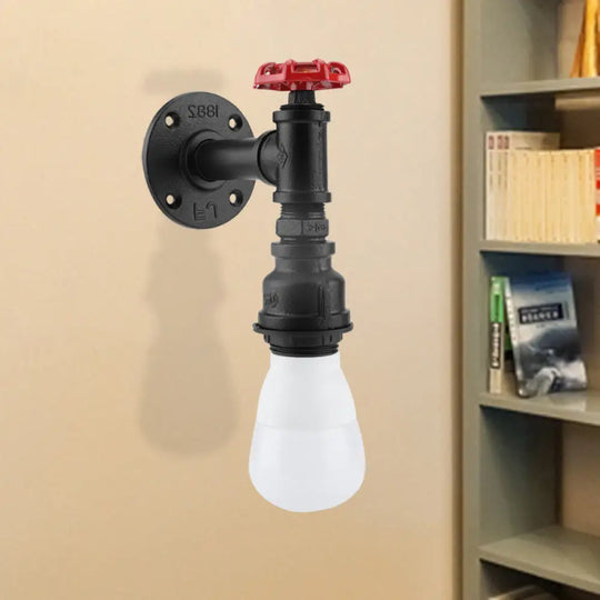 Farmhouse Wall Sconce: Black Iron Piping With Red Valve Deco For Corner - 1 Bulb Mount Lighting