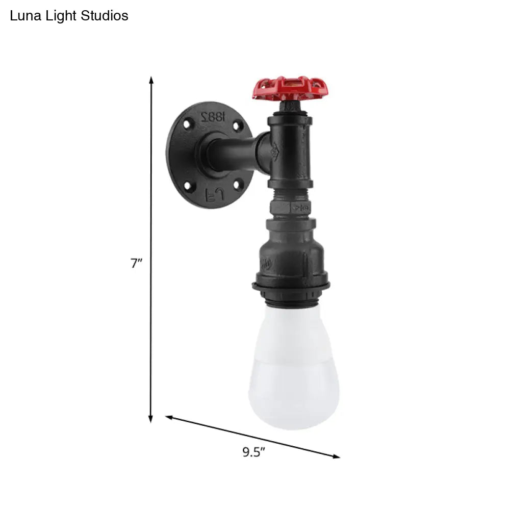 Farmhouse Wall Sconce: Black Iron Piping With Red Valve Deco For Corner - 1 Bulb Mount Lighting