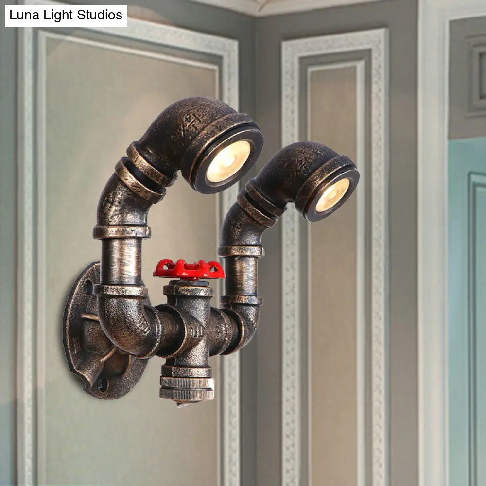 Farmhouse Water Pipe Iron Wall Lamp In Bronze With Red Valve Deco - 1/2-Bulb Sconce Light Fixture